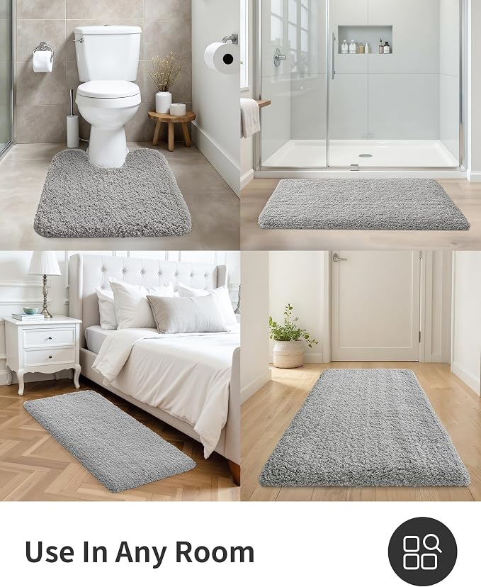 ILANGO Grey Bathroom Rugs 48" × 24" Non Slip & Super Absorbent Extra Thick Soft, Washable Bath Mat for Floor, Microfiber Plush Shaggy Bath Rug with Rubber for Bathtub Shower Room Sink