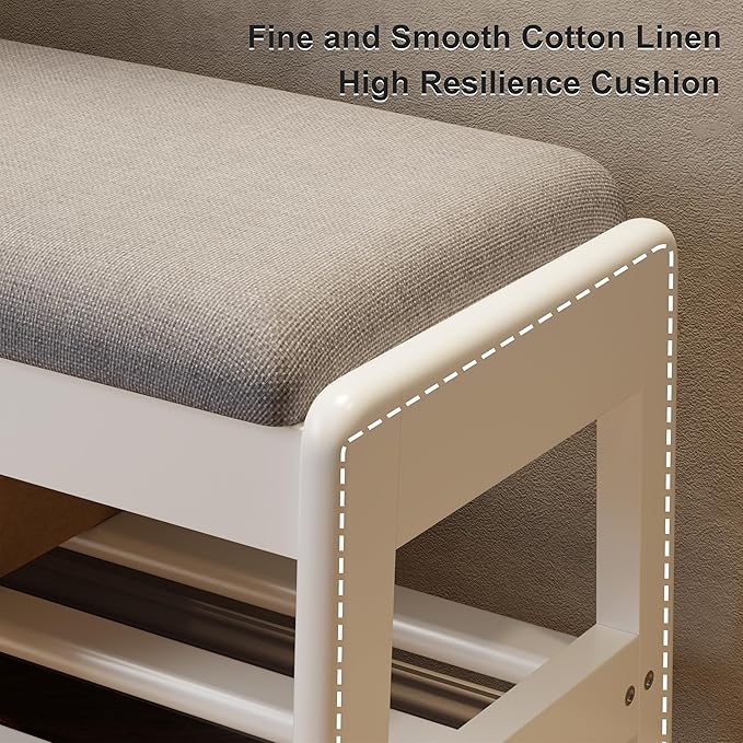 AQIMUELE Shoe Rack Bench,2 Tiers Shoe Bench with Storage with Flip-Top,Wood Shoe Rack for Entryway,Hallway（White Upholstered Seat,11.8" D x 39.3" W x 15.7" H）