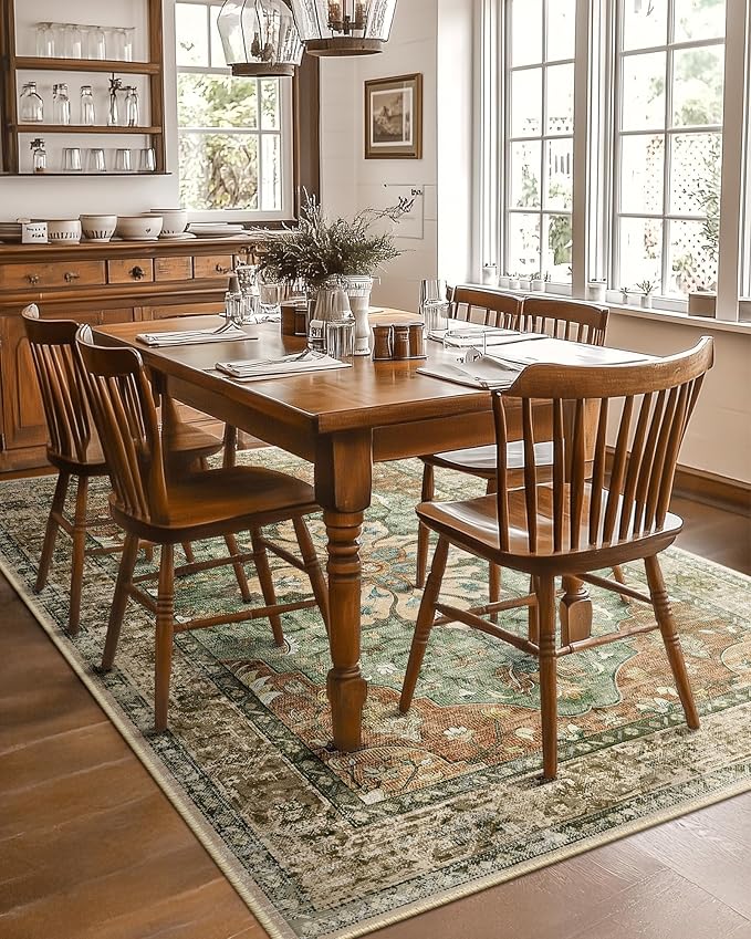 RELEANY Area Rugs 5'x8' Washable Non-Slip, Floral Vintage Distress Medallion Carpet for Living Room Bedroom Dining Room, Terracotta Burnt Orange Green