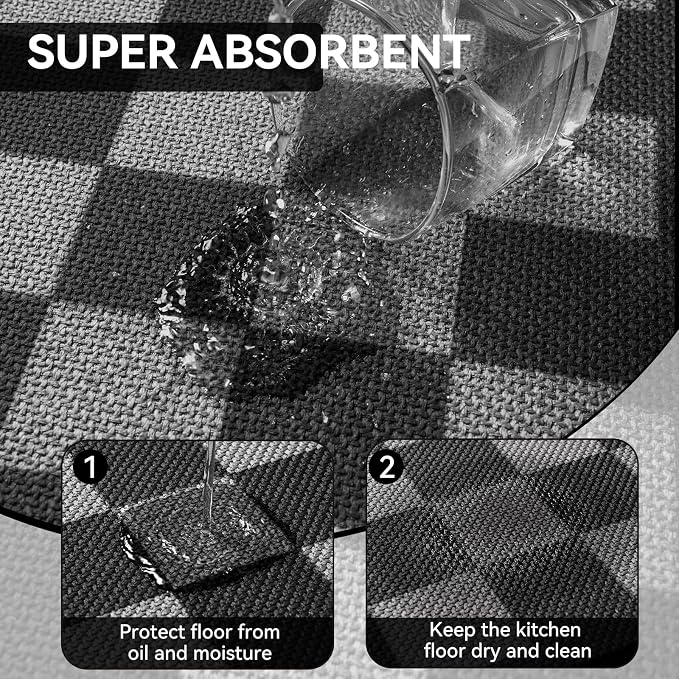 YDKGL Kitchen Mats for Floor Kitchen Rugs Non Slip Washable, Super Absorbent Linen-Look Woven Runner Rug, Kitchen Sink Mat Standing Mat, Black Gray Checkered 17"x47"
