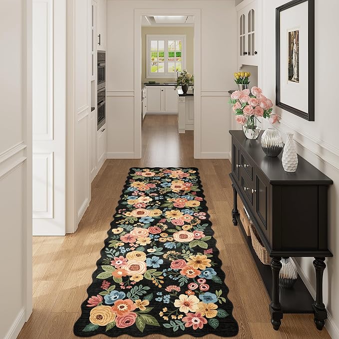 DUKINO 2x6 Runner Rug for Hallway, Washable Kitchen Rug with Non Slip Backing & Non-Shediing, Soft Low Pile Floral Design Runner for Bedroom, Kithchen, Living Room, Laundry, Bathroom, Navy Blue
