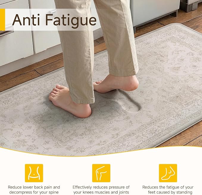 PureCozy Kitchen Mats 2PCS Anti Fatigue Cushioned Mat Beige Vintage Kitchen Mats for Floor Waterproof Non Slip Comfort Standing Oriental Medallion Rug for Sink Laundry Office 17.3"x47"+17.3"x30"