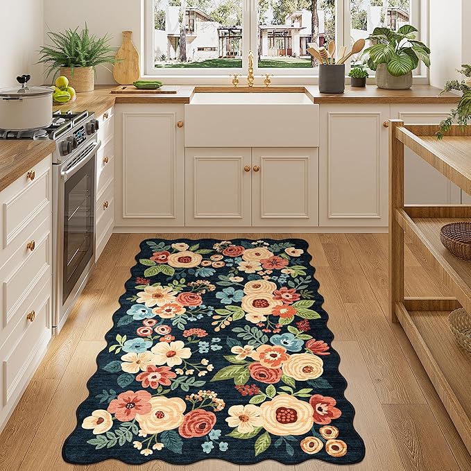 DUKINO 3x5 Area Rug, Floral Non-Slip Indoor Washable Rug with Low Pile & Non-Shedding, Lightwight Boho Design Carpet for Entryway, Bedroom, Kids Room, Living Room, Kitchen, Navy Blue