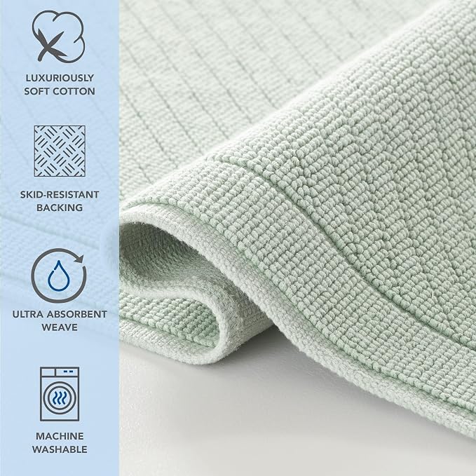 Arkwright 2 Piece 100% Cotton Bathroom Rug Set - High Absorbent Stylish Textured Woven Design Bath Mat, Slip Resistant Backing for Shower and Bathtub Floor, 17x24 & 20x32 in - Green