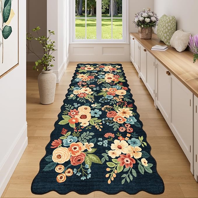 DUKINO 3x8 Washable Runner Rug, Soft Indoor Floral Non Slip Long Runner Rug for Hallways, Lightweight & Low Pile Floor Carpet for Kitchen, Entryway, Hallway, Bathroom, Laundry, Bedroom, Navy Blue