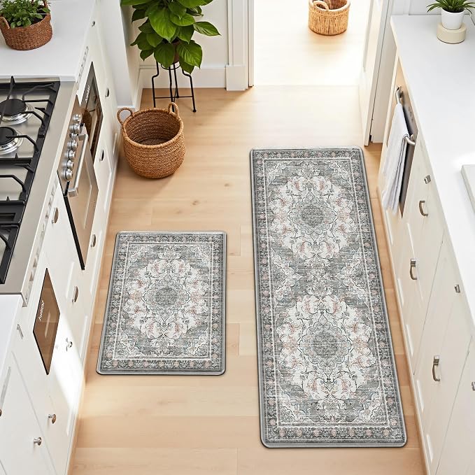 Boho Kitchen Mats for Floor 2 Piece Set Anti Fatigue Cushioned PVC Kitchen Rugs Non Slip Waterproof Farmhouse Mats 2/5 Inch Comfort Standing Mat for Sink, Laundry, 17.3"x47"+17.3"x28", Beige Grey
