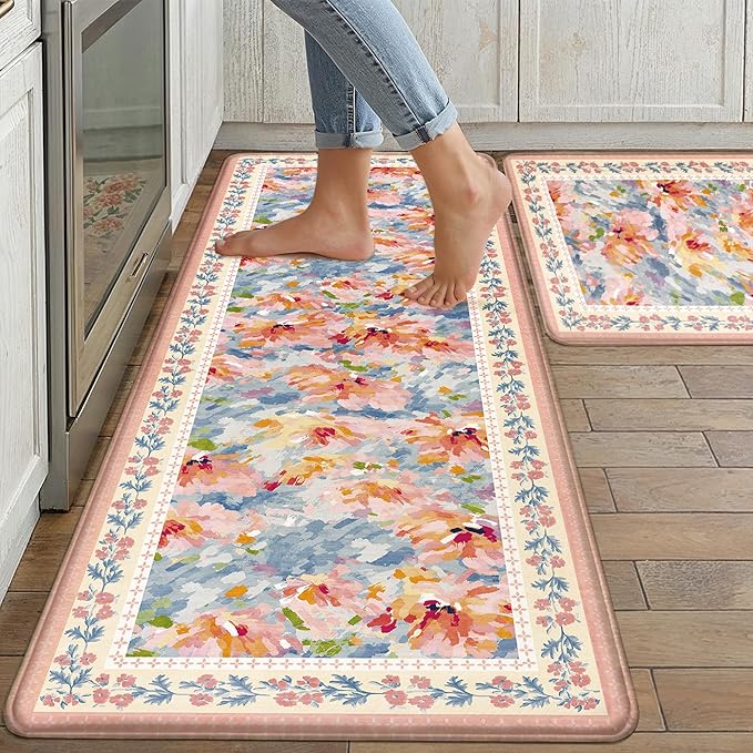 Anti Fatigue Kitchen Mats 2PCS Thick Non Slip Cushioned Rugs Pink Abstract Floral Waterproof Comfort Standing Mats for Floor Sink Laundry Office 17.3"×47"+17.3"×30"