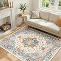 RELEANY Area Rugs 4'x6' Washable Non-Slip, Floral Vintage Distress Medallion Carpet for Living Room Bedroom Dining Room, Beige Navy Blue Orange Colorful