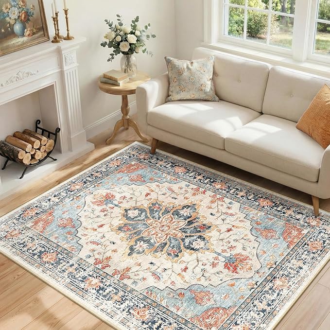 RELEANY Area Rugs 4'x6' Washable Non-Slip, Floral Vintage Distress Medallion Carpet for Living Room Bedroom Dining Room, Beige Navy Blue Orange Colorful
