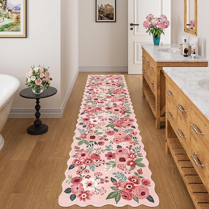 DUKINO 2x8 Washable Runner Rug, Lightweight Soft Floral Hallway Rug Runner with Low Pile Design, Non Shedding & Non Slip Backing Thin Indoor Carpet for Bedroom, Bathroom, Entrance, Kitchen, Pink