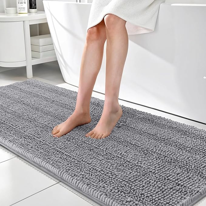 OLANLY Thick Bathroom Runner Rugs 70x24, Absorbent Chenille Striped Bath Rugs, Rubber Backing, Machine Wash Dry, Extra Long Bath Mats for Bathroom Floor, Tub and Shower, Home Decor Accessories, Grey