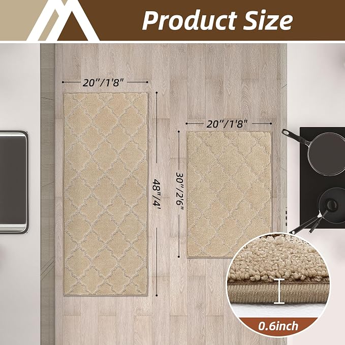COSY HOMEER Kitchen Rugs 20"x32"/20"x48" Non-Slip Washable Kitchen Mats for Floor Absorbent Kitchen Carpet Soft Rugs for Kitchen,Sink Mat,Entrance,Area Rug,Warm Beige