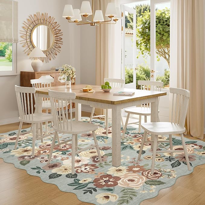 DUKINO 6x9 Area Rug, Floral Washable Rugs for Living Room with Non Slip Backing & Non-Shedding, Lightwight Low Pile Boho Design Large Carpets for Bedroom, Living Room, Dining Room, Sage Green