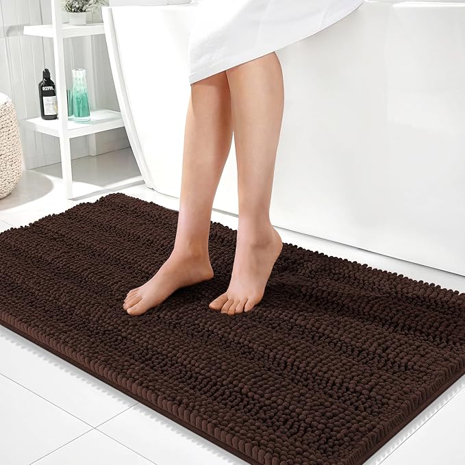OLANLY Thick Bathroom Runner Rugs 44x24, Extra Absorbent Chenille Striped Bath Rugs, Rubber Backing, Machine Wash Dry, Long Bath Mats for Bathroom Floor, Tub and Shower, Home Decor Accessories, Brown