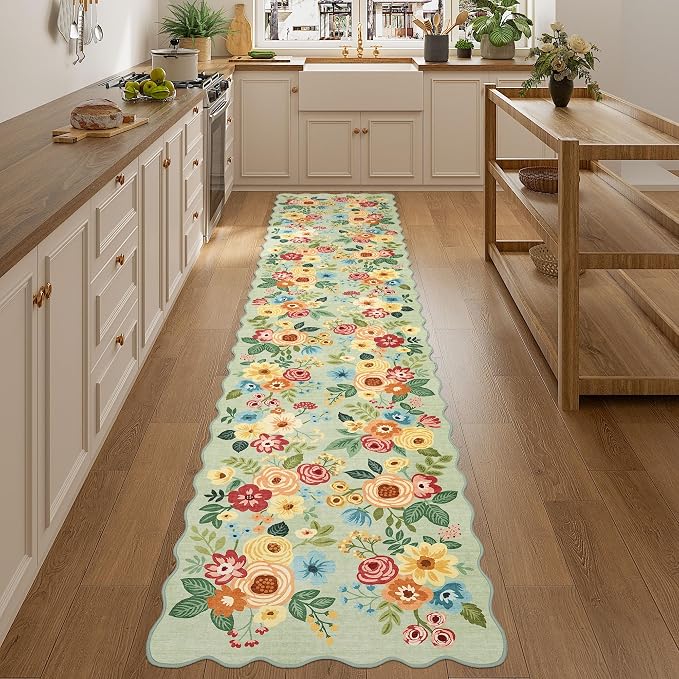 DUKINO Washable 2.6x12 Runner Rug for Hallway, Non Slip Floral Washable Kitchen Rug with Low Pile Design, Boho Stain Resistant Floor Carpet Runner for Entryway, Bathroom, Laundry, Bedroom, Green