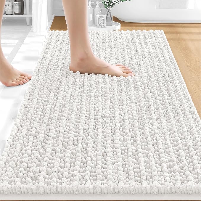 OLANLY Bathroom Rug Mat 34x21, Thick Soft and Absorbent Chenille Bath Mat, Non-Slip Rubber Backing, Machine Washable Quick Dry Bath Rugs for Tub Shower Floor, Home Decor Accessories, Ivory