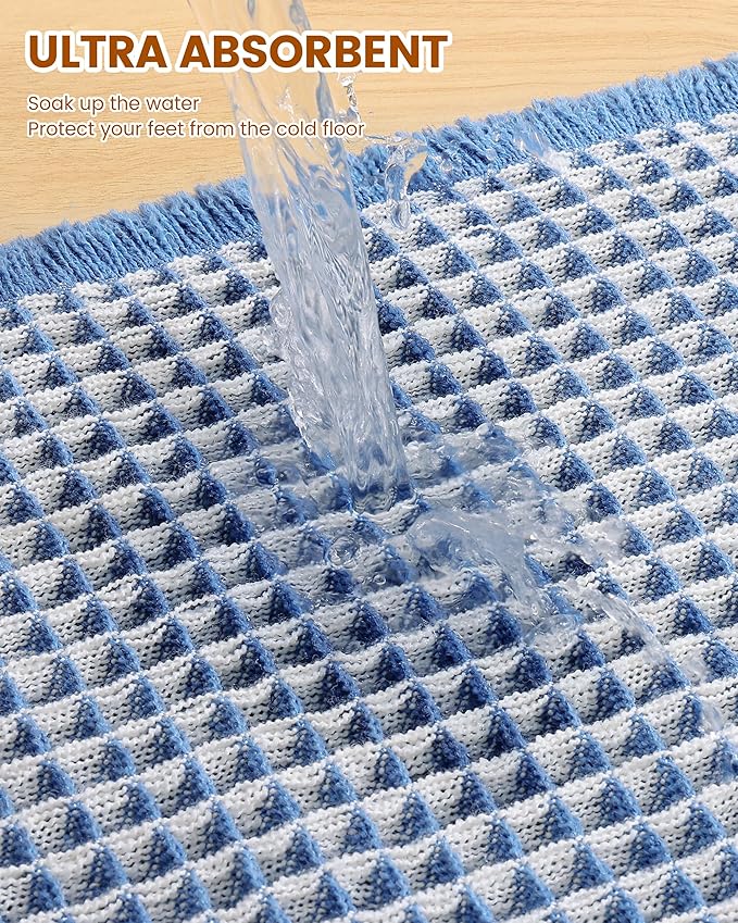 Smiry Waffle Bath Mat 47x24, Extra Soft Absorbent Bathroom Rugs, Non Slip Machine Washable Quick Dry Bath Rugs for Bathroom Floor, Tub, Shower, Home Decor Accessories, Blue & Cream