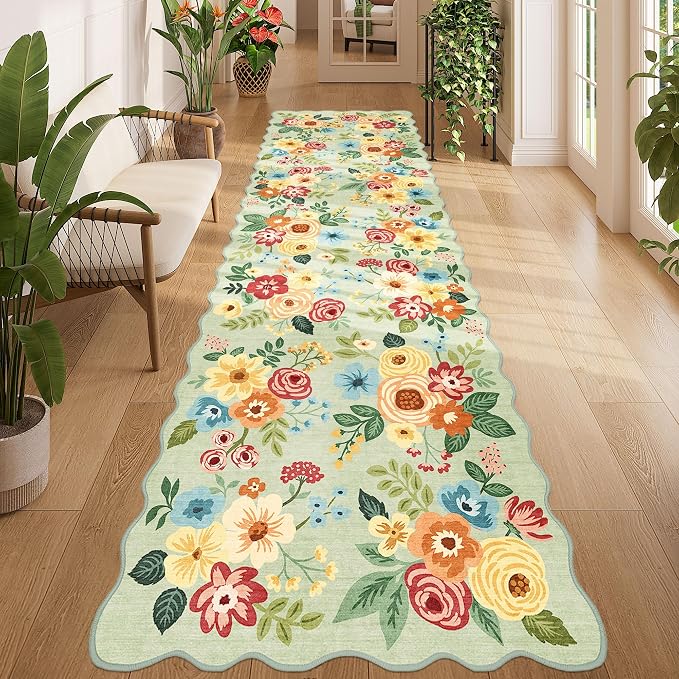DUKINO 3x10 Washable Runner Rug, Non Slip Floral Ultra Soft Runner for Hallway, Lightweight Low Pile & Stain Resistant Long Throw Carpet for Kitchen, Bathroom, Entrance, Bedroom, Kids Room, Green