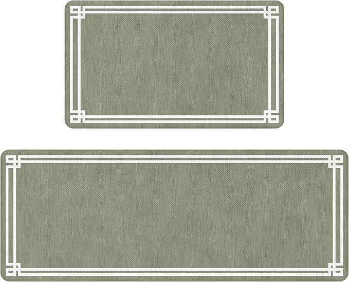 Sage Green Retro Elegance Frame Textured Kitchen Rug Sets [2 PCs], Anti-Fatigue, Waterproof Non-Slip Kitchen Mats Heavy Duty Comfort Foam Rug for Kitchen, Floor, Laundry,17"x29"+17"x47"