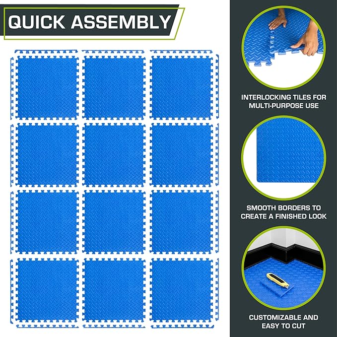 ProsourceFit Exercise Puzzle Mat ½-inch, EVA Interlocking Foam Floor Tiles for Home Gym, Workout Equipment, Kids Play Areas, Blue, 48 SQ FT - 12 Tiles