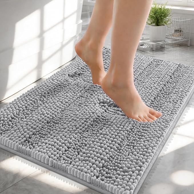 OLANLY Thick Small Bathroom Rugs 24x16, Extra Soft Absorbent Chenille Striped Bath Rugs, Rubber Backing, Machine Wash, Bath Mats for Bathroom Floor, Tub and Shower, Home Decor Accessories, Light Grey