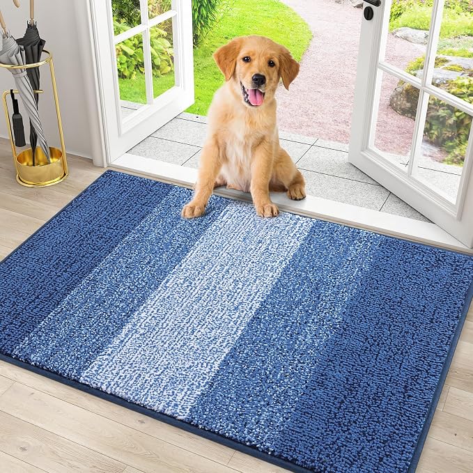 Smiry Dog Door Mat for Muddy Paws, Absorbs Moisture and Dirt, Low-Profile Entryway Mat with Non-Slip Backing, Entry Indoor Outdoor Doormat for Inside Floor (30x20 Inches, Navy Blue, Striped)