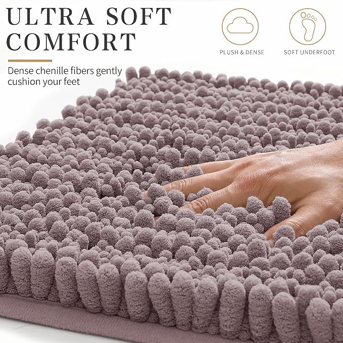 Yimobra Bathroom Rugs Non Slip Washable - Ultra Soft Absorbent Chenille Bath Mat, Quick Dry Shaggy Floor Carpet for Tub Shower, Mauve Home Decor Accessories, 24x17 Inch