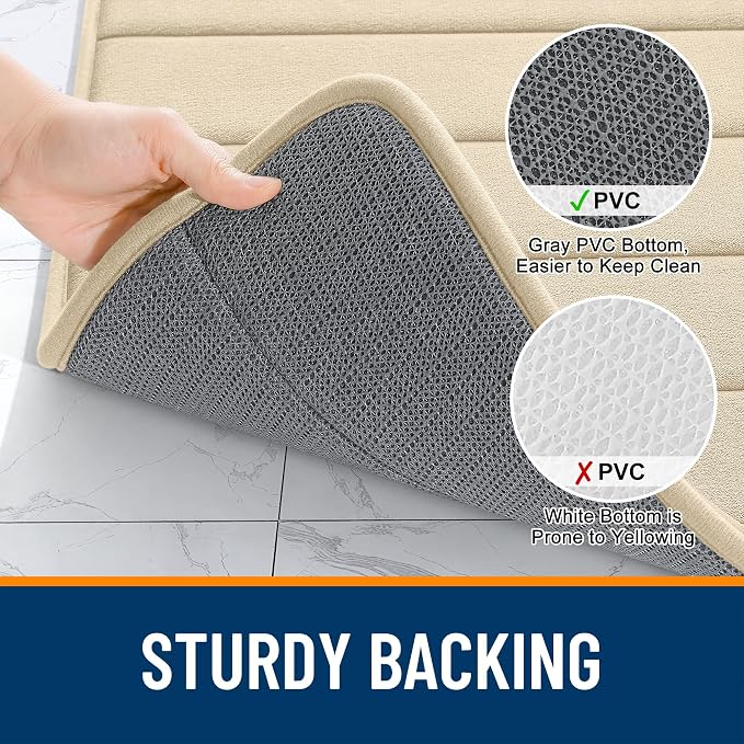 OLANLY Memory Foam Bath Mat 35x16, Super Soft Absorbent Bathroom Rugs, Quick Dry, Machine Washable Shower Floor Rugs, Bathmat Carpet, Bathroom Home Decor Accessories, Beige