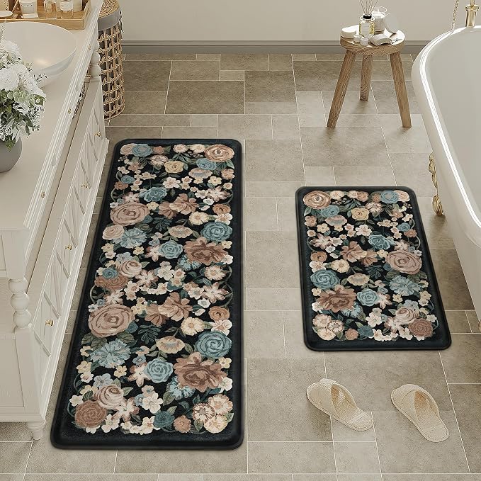 PureCozy Kitchen Mats 2PCS Anti Fatigue Cushioned Mat Non Slip Floral Kitchen Mats for Floor Waterproof Comfort Standing Black Farmhouse Rug for Sink Laundry Office Desk 17.3"x47"+17.3"x30"