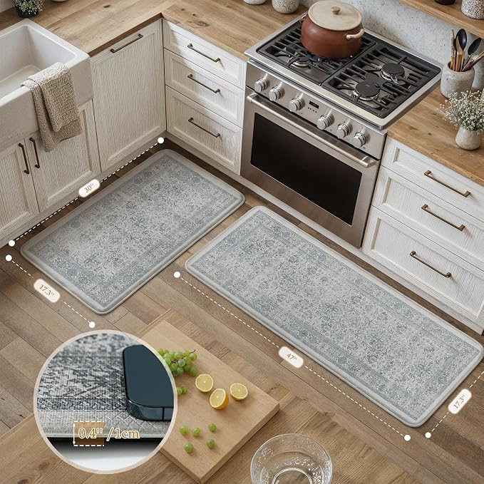 PureCozy Kitchen Mats 2PCS Anti Fatigue Cushioned Mat Blue Vintage Kitchen Mats for Floor Waterproof Non Slip Comfort Standing Distressed Rug for Sink Laundry Office 17.3"x47"+17.3"x30"