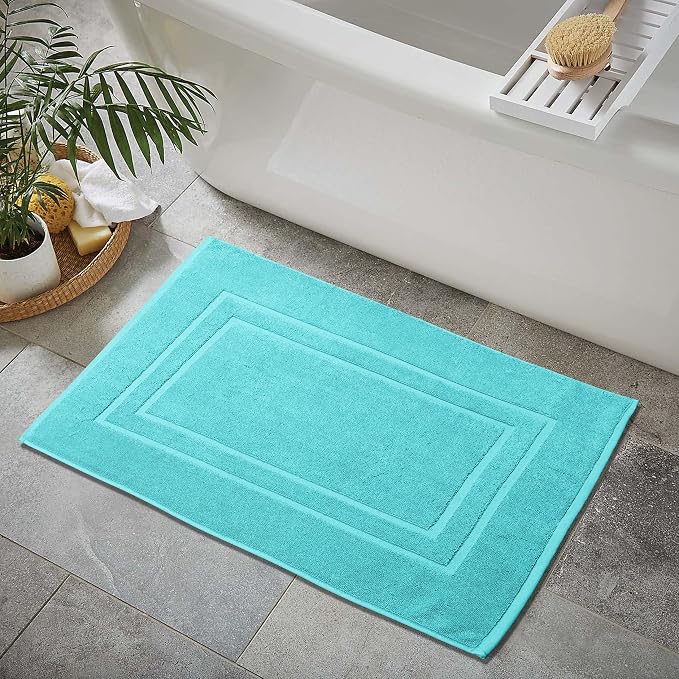 Feather & Stitch 2 Piece Towel Like Bath Mats (30x21 Inch) 100% Cotton Terry Bath Mats, Bathroom Shower Floor Mats [NOT A Bathroom Rug], Soft Absorbent Washable Mats - Aqua
