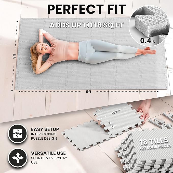 bemaxx Gym Mats Set - 18 pcs EVA Interlocking Foam Floor Tiles (12.6"x12.6"x0.4") 18sqft Protective Gym Flooring Sports Home Workout Exercise Mats Puzzle Garage Fitness Play-Room Pool Treadmill Bike
