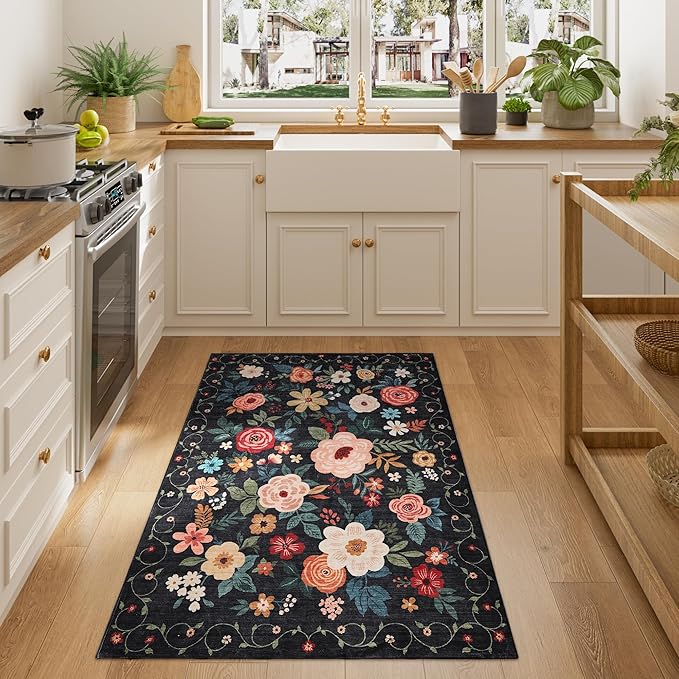 DUKINO 3x4 Area Rug, Lightweight Non Slip Washable Floral Rug, Indoor Low Pile & Non-Shedding Boho Design Carpets for Bedroom, Kitchen, Dining Room, Black