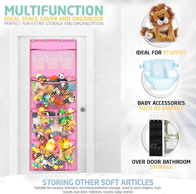 Honeyera Storage for Stuffed Animals - Over Door Organizer for Stuffies, Baby Accessories, and Toy Plush/Easy Installation with Breathable Hanging Storage Pockets Big Girls Chair Toddler Large Bag