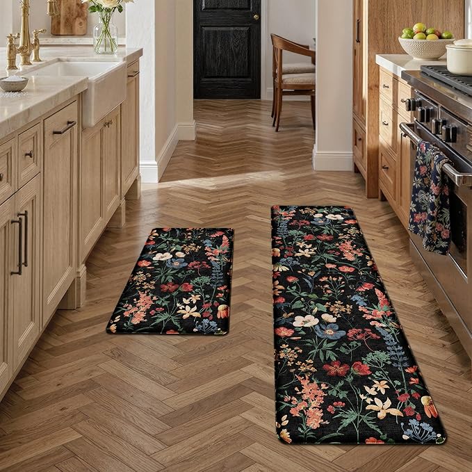 PureCozy Kitchen Mats 2PCS Anti Fatigue Cushioned Mat Non Slip Floral Boho Kitchen Mats for Floor Waterproof Comfort Standing Black Rug for Sink Laundry Office Desk 17.3"x59"+17.3"x30"