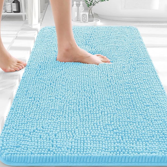 OLANLY Bathroom Rugs 32x20, Extra Soft Absorbent Chenille Bath Rugs, Rubber Backing Quick Dry, Machine Washable Bath Mats for Bathroom Floor, Tub and Shower, Home Decor Accessories, Sky Blue