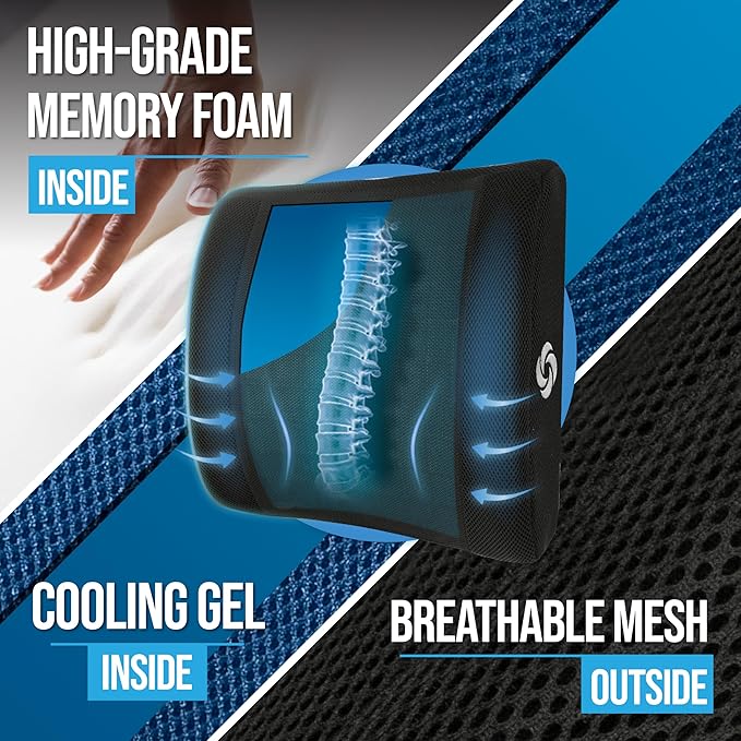 Samsonite Cooling Memory Foam Lumbar Support Pillow for Office Chair, Gaming Chair & Car Seat Automotive Ergonomic Back Cushion, Home Office Essentials, Sitting Comfort and Posture Relief Back Support