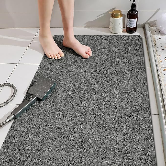 Shower Mat Non Slip 58x32 Inch, Quick Drying PVC Loofah Bath Mats, Easy Clean Soft Bathroom Rugs for Tub Floor, Shower, Grey