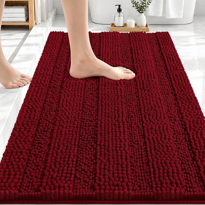 OLANLY Thick Bathroom Rugs 30x20, Extra Soft Absorbent Chenille Striped Bath Rugs, Rubber Backing, Machine Wash Dry, Bath Mats for Bathroom Floor, Tub and Shower, Home Decor Accessories, Red