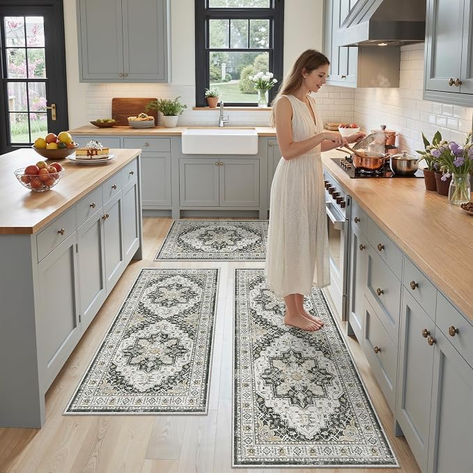 Madane Washable Kitchen Rug Set of 3, Small Area Rug Non-Slip Vintage Entryway Door Mat Indoor Entrance, Low Pile Floor Carpet Runner for Inside Front Door Entry Laundry (2x3+2x4+2x5, Black)