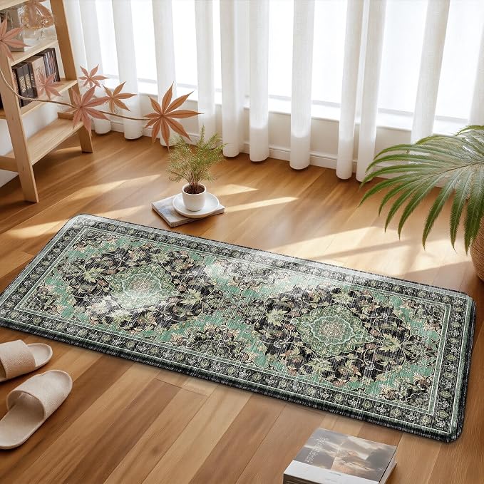 Boho Kitchen Mats for Floor 2 Piece Set Anti Fatigue Cushioned PVC Kitchen Rugs Non Slip Waterproof Farmhouse Mats 2/5 Inch Comfort Standing Mat for Sink, Laundry, 17.3"x59"+17.3"x28", Black Green