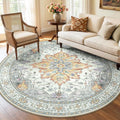 RELEANY Area Rugs Round 6ft Washable Non-Slip, Floral Vintage Distress Medallion Carpet for Living Room Bedroom Dining Room, Beige Carbon Grey Orange