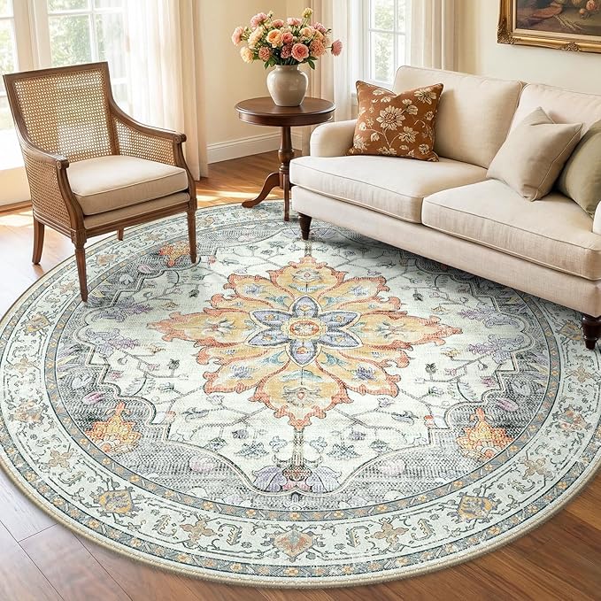 RELEANY Area Rugs Round 6ft Washable Non-Slip, Floral Vintage Distress Medallion Carpet for Living Room Bedroom Dining Room, Beige Carbon Grey Orange