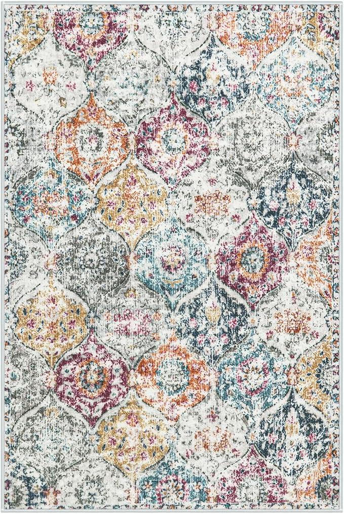Lahome Moroccan Trellis Entryway Rug, 2x3 Kitchen Rugs Non Slip Washable, Non-Slip Indoor Door Mat Ultra-Thin, Small Throw Carpet for Bathroom Bedroom Entry Elise, Aqua/Multi