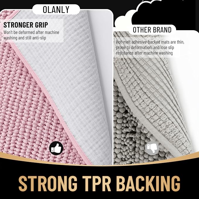 OLANLY Thick Large Bathroom Rugs 59x35, Extra Soft Absorbent Chenille Bath Rugs, Rubber Backing, Machine Wash Dry, Bath Mats for Bathroom Floor, Tub and Shower, Home Decor Accessories, Dusty Rose