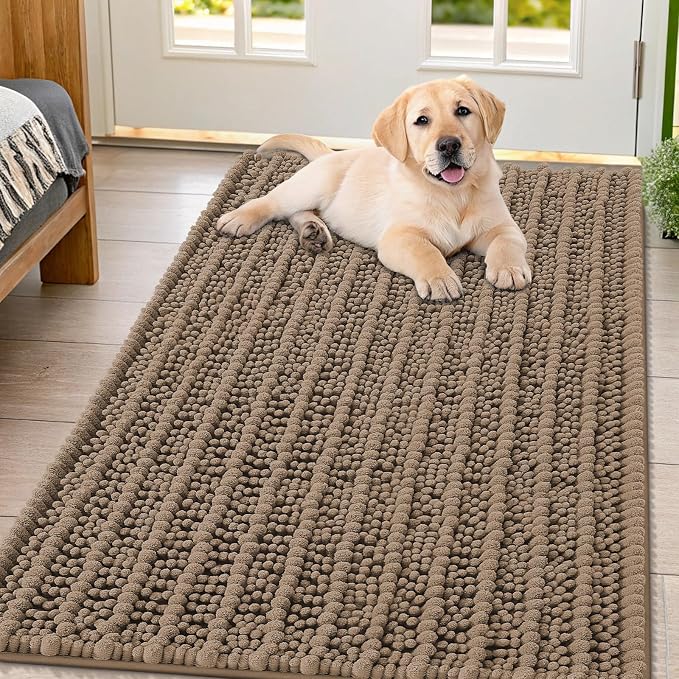 Smiry Dog Door Mat for Muddy Paws 47x32, Absorbent Dirt Trapper, Non-Slip Washable Chenille Entryway Rug for Inside Floor, Camel, Layered Pattern