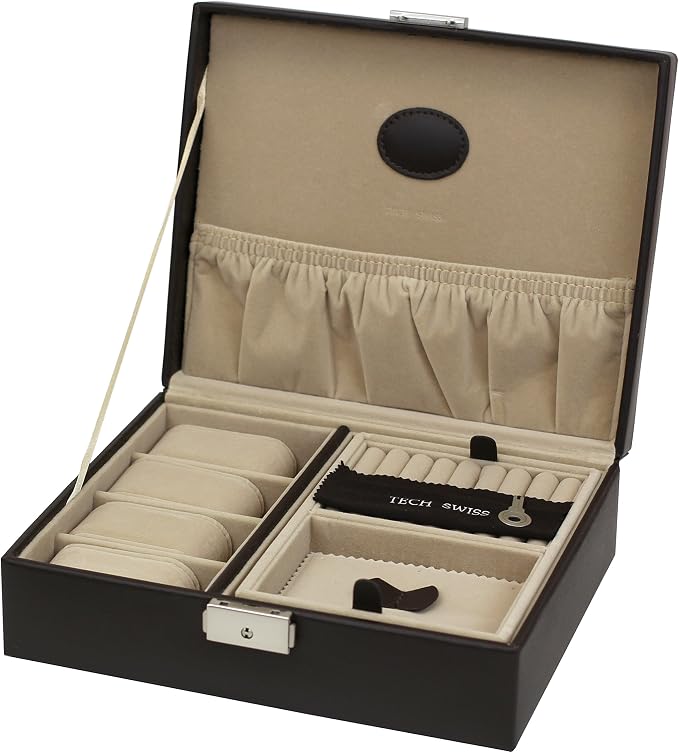 Tech Swiss Valet for Watches Jewelry Cuff links Leather Compact (Brown/Tray)