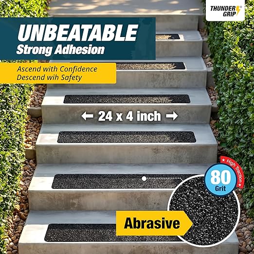 Thunder Grip Outdoor Stair Treads Non Slip 24" x 4" - 8-Pack Weather Resistant Exterior Grip Tape for Wooden Steps - Anti Skid Strips - Waterproof 80-Grit Adhesive Treads