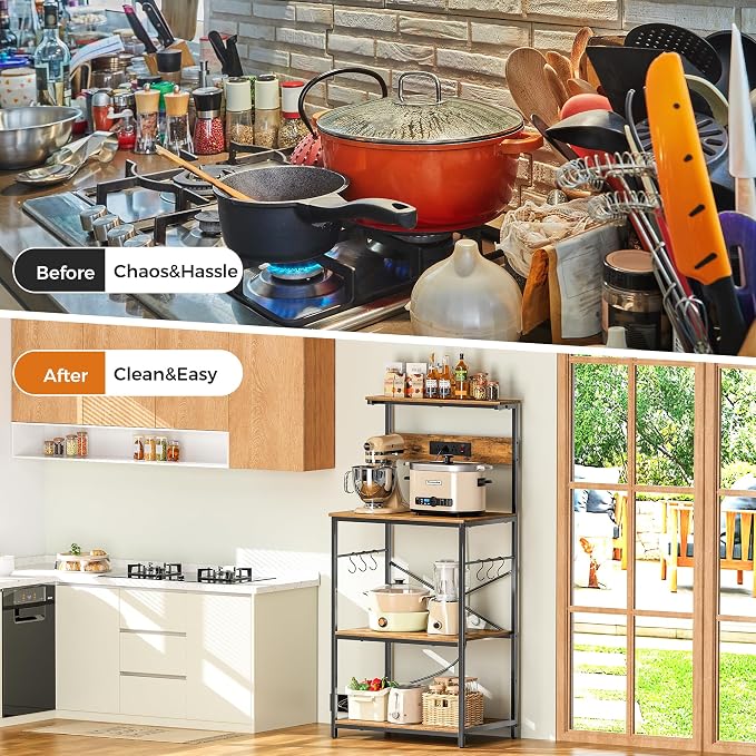 VUSIGN Kitchen Bakers Rack with Power Outlet, 4 Tiers Microwave Stand with Storage, 23.6 Inch Coffee Bar Station with 6 S Hooks, Adjustable Shelf Rack for Pots/Pans/Spices, Rustic Brown