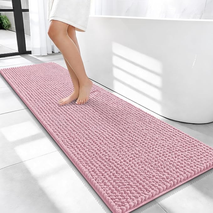OLANLY Thick Bathroom Runner Rugs 59x20, Extra Soft Absorbent Chenille Bath Rugs, Rubber Backing, Machine Wash Dry, Long Bath Mats for Bathroom, Tub and Shower, Home Decor Accessories, Dusty Rose